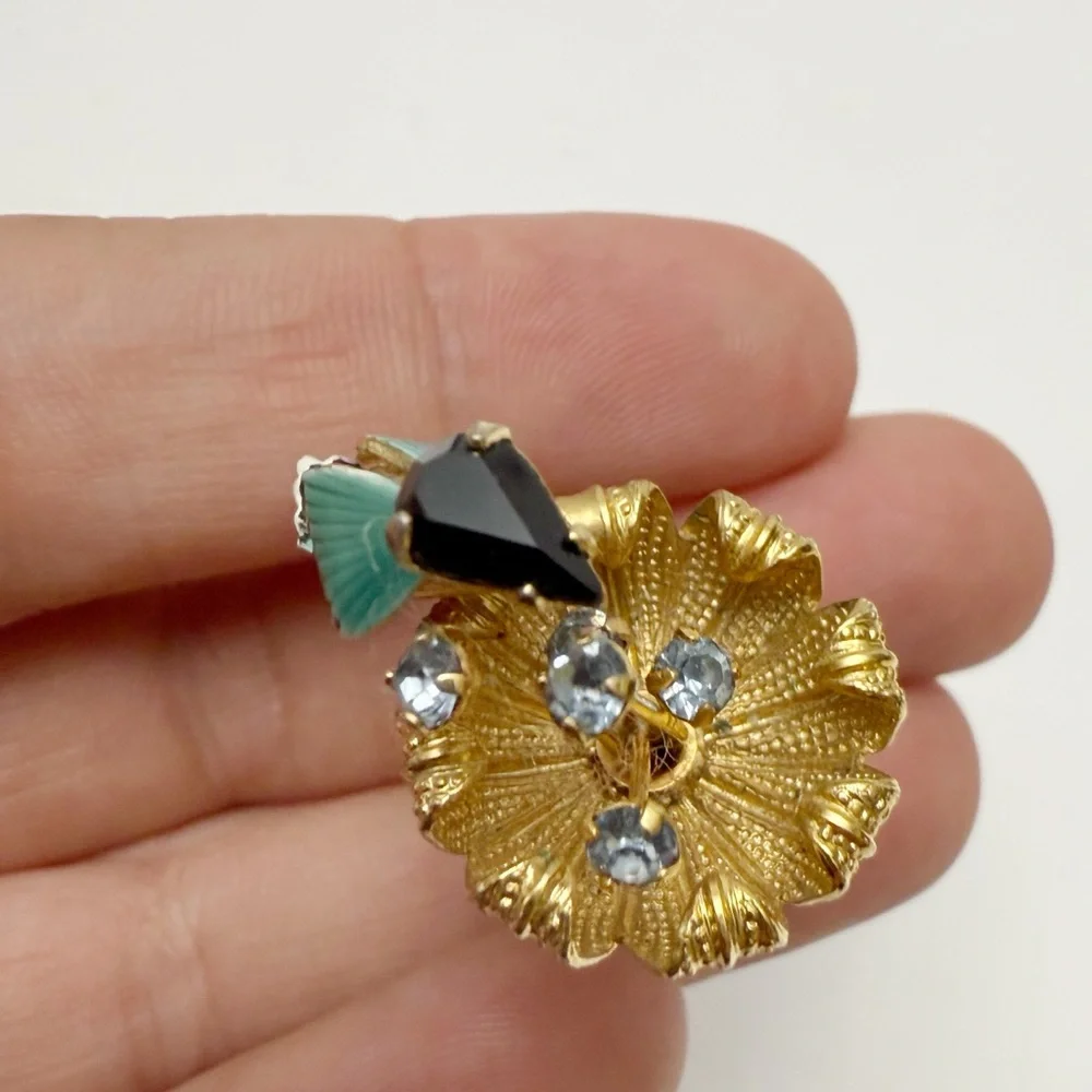 Vintage Enamel Rhinestone Blue Bird Flower Mushroom Goldtone Stick Pin